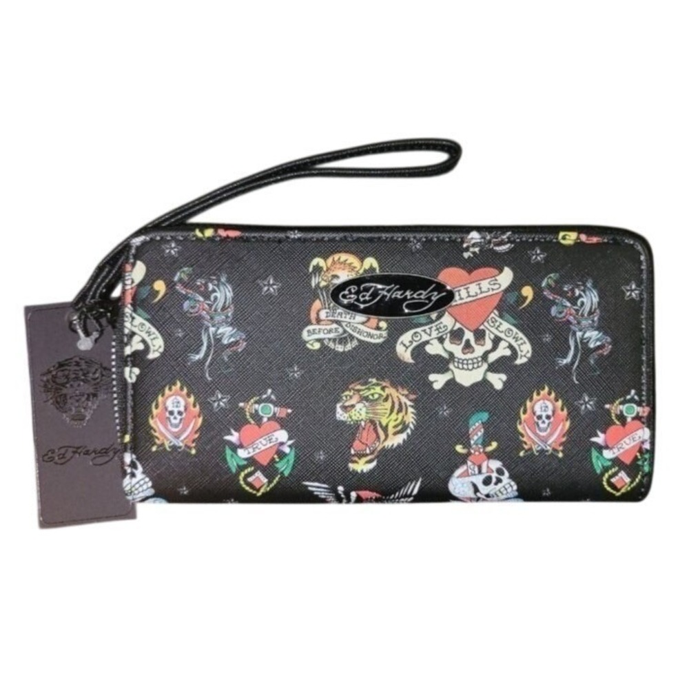 Ed Hardy Wristlet Wallet Womens OS Black New Tattoo Print Love Kills Slowly Zip